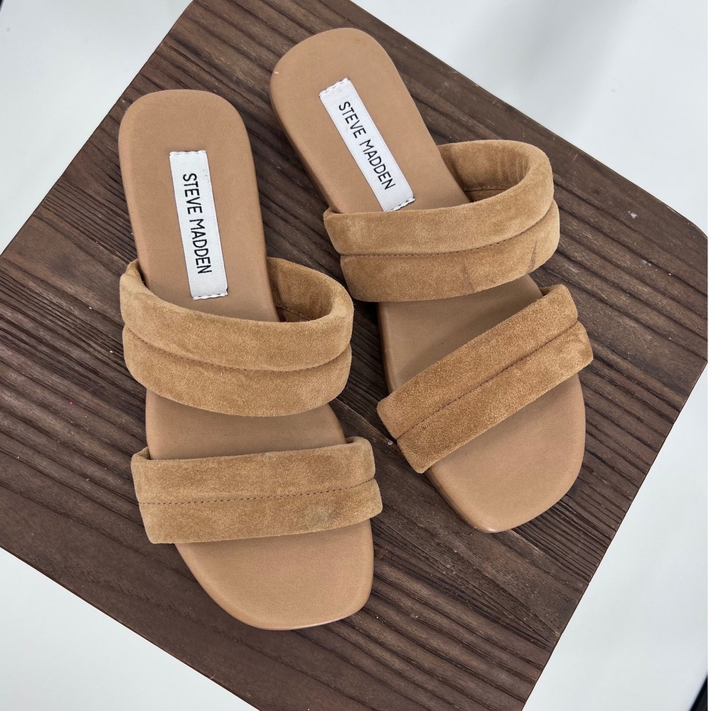 Steve Madden Tan Suede Double-Strap Slide Sandals